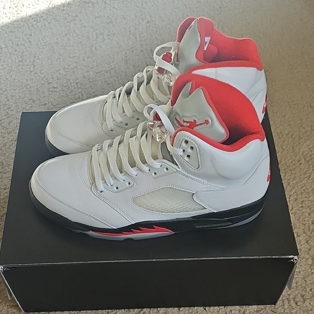 2020 Jordan 5 Fire Red. White and Red High-Top Sneakers.